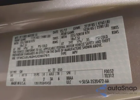 2017 Ford Escape Titanium z USA, uszkodzony, nr VIN 1FMCU0J92HUD90761